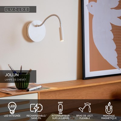 Lucide JOLIJN - Lampe de chevet / Applique mural Rechargeable - Batterie/Piles - Ø 11 cm - LED - 1x2W 3000K - Magnétique - Blanc